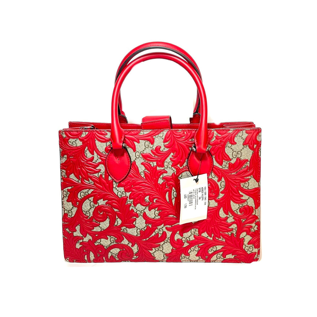 Gucci Beige Arabesque Canvas & Red Leather Top Handle Tote | Brand New |