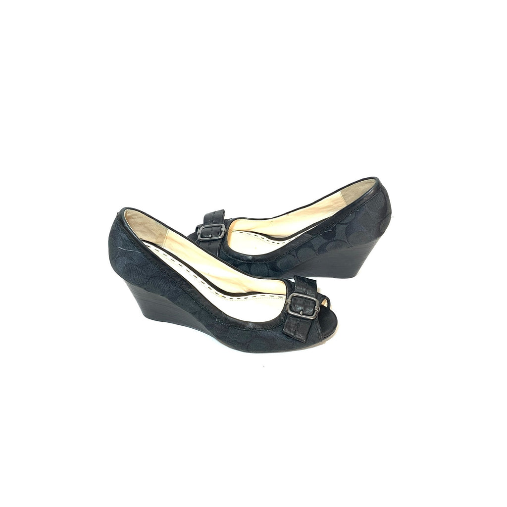 Coach Black 'ANDI' Monogram Peep-toe Wedges | Pre Loved |