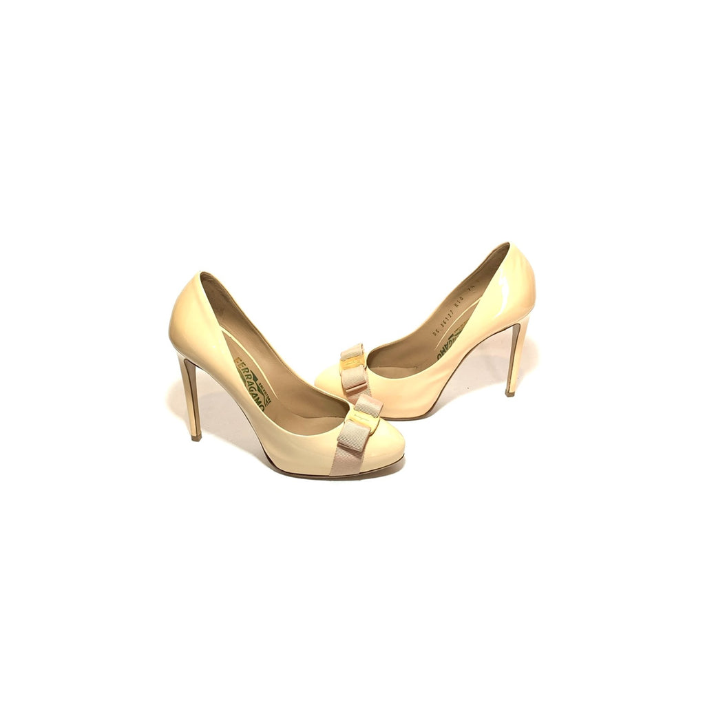 Salvatore Ferragamo 'Riley' Beige Patent Pumps | Pre Loved |
