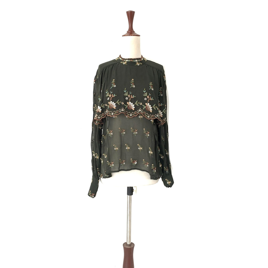 ZARA Green Embroidered Frill Blouse | Gently Used |