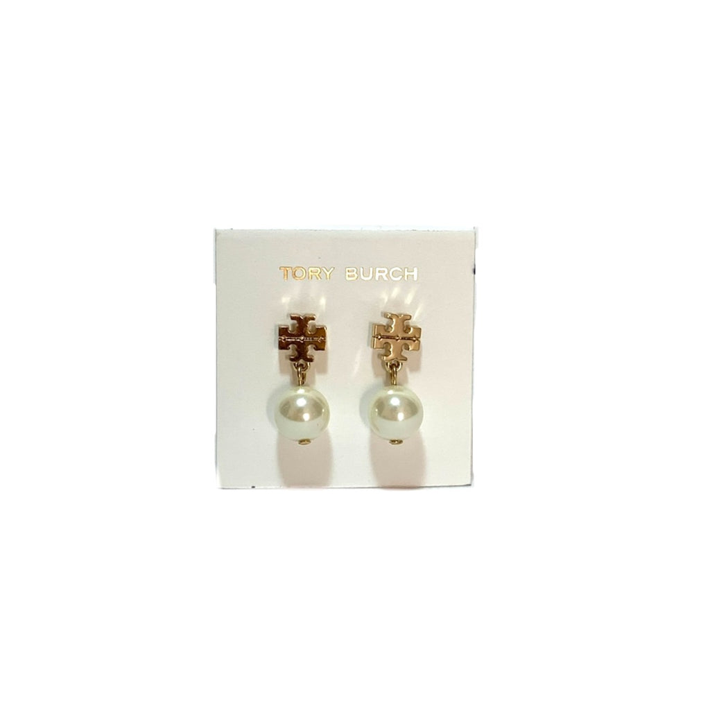 Tory Burch Logo Gold & Pearl Drop Earrings | Brand New |