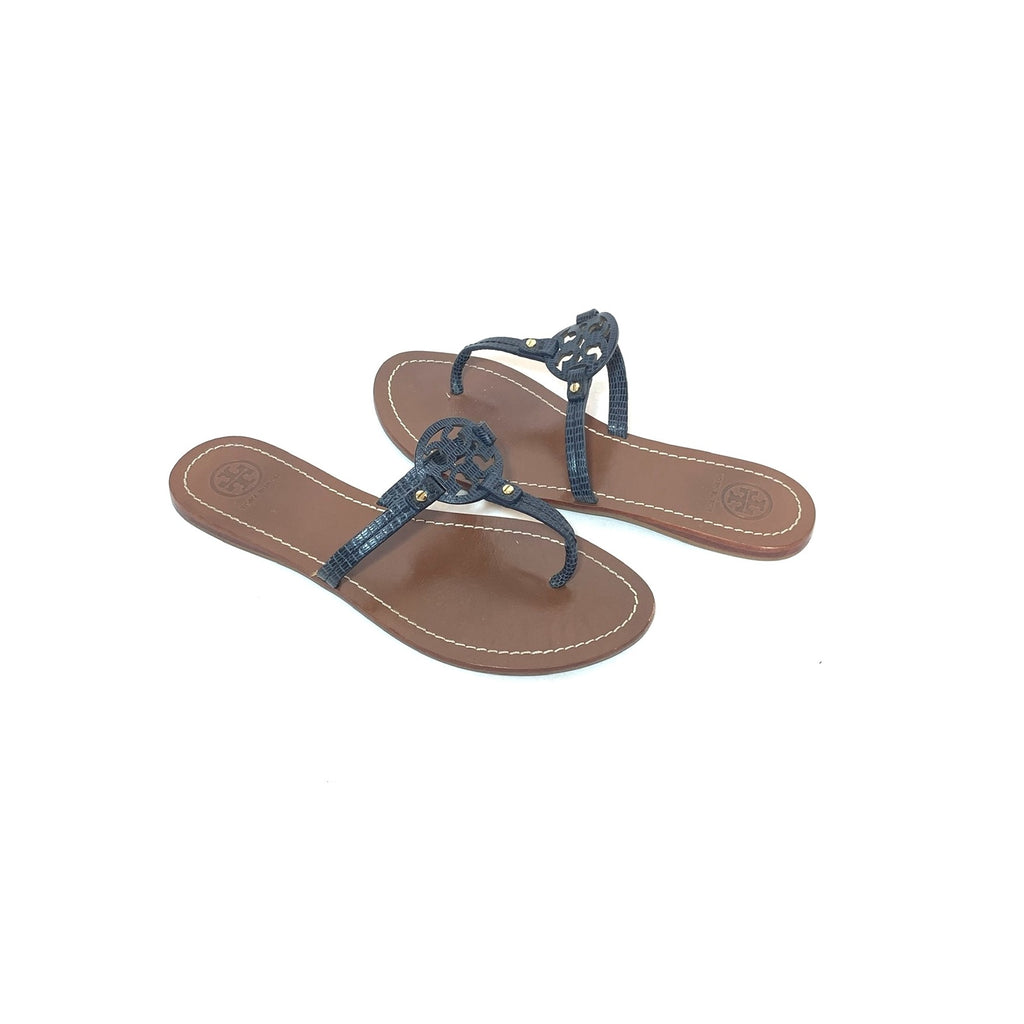 Tory Burch Navy Croc Embossed Mini Miller Leather Sandals | Pre Loved |