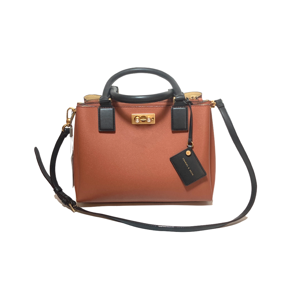 Charles & Keith Tan & Black Leatherette Satchel | Pre Loved |
