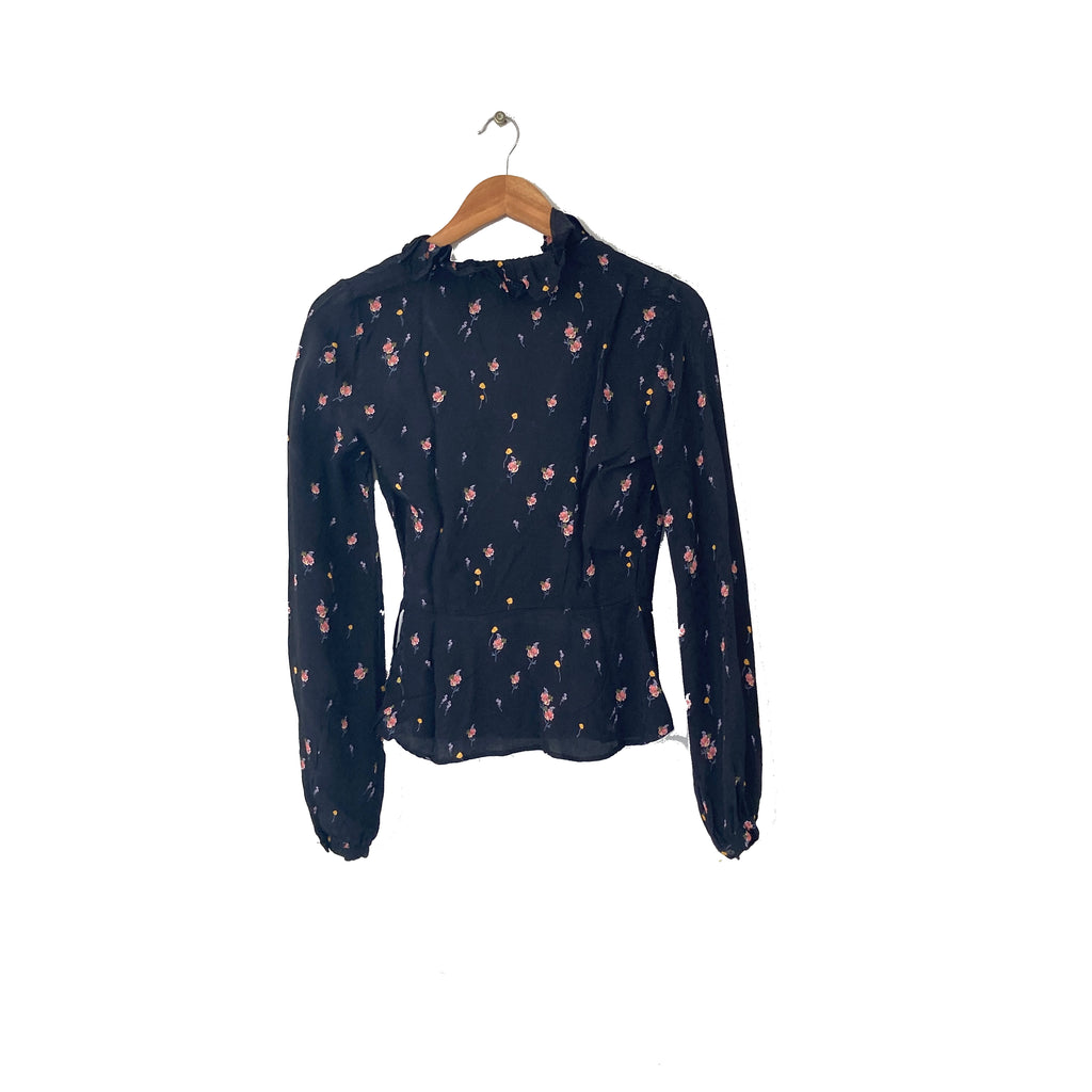H&M Black Floral Cinched Waist Blouse | Gently Used |