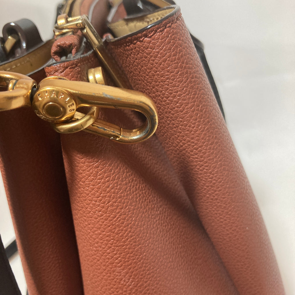 Charles & Keith Tan & Black Leatherette Satchel | Pre Loved |