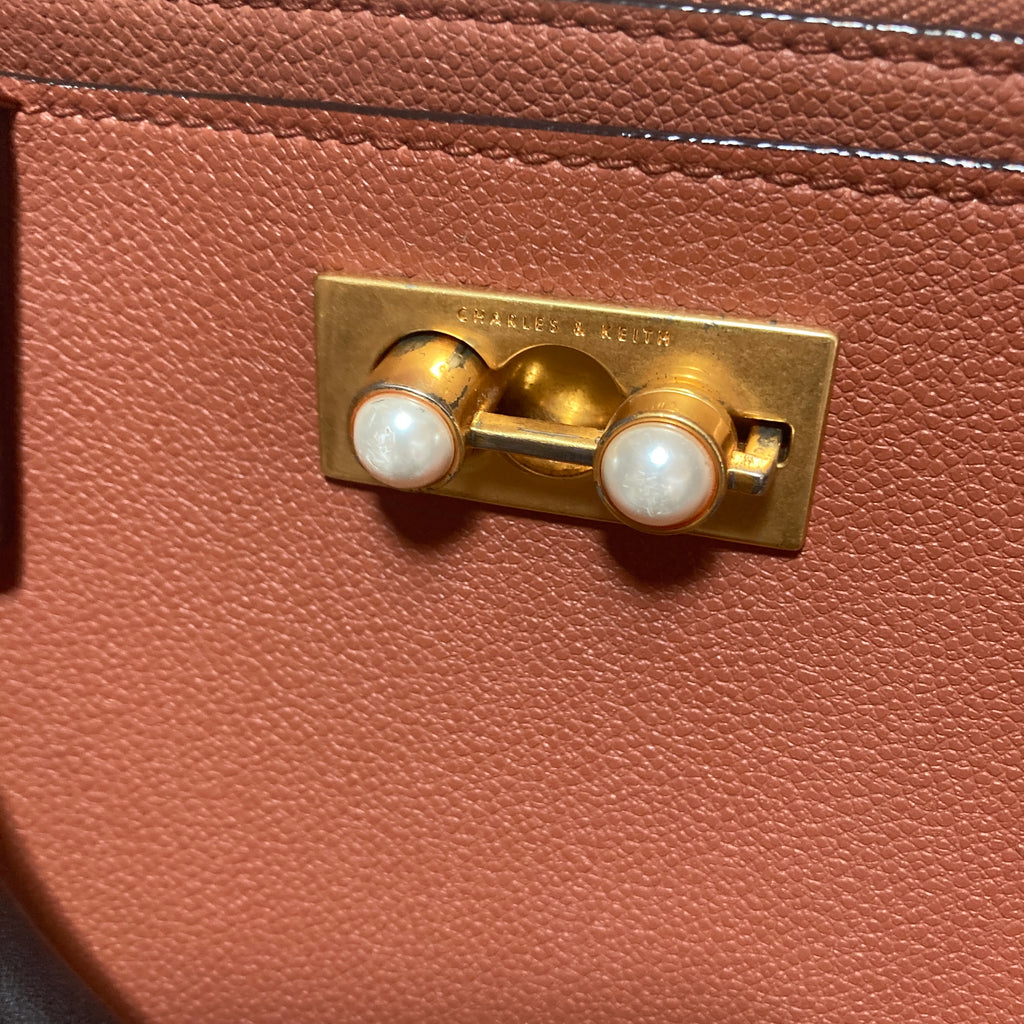 Charles & Keith Tan & Black Leatherette Satchel | Pre Loved |