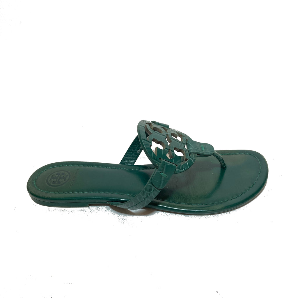 Tory Burch Green Croc Embossed 'Miller' Sandals | Pre Loved |