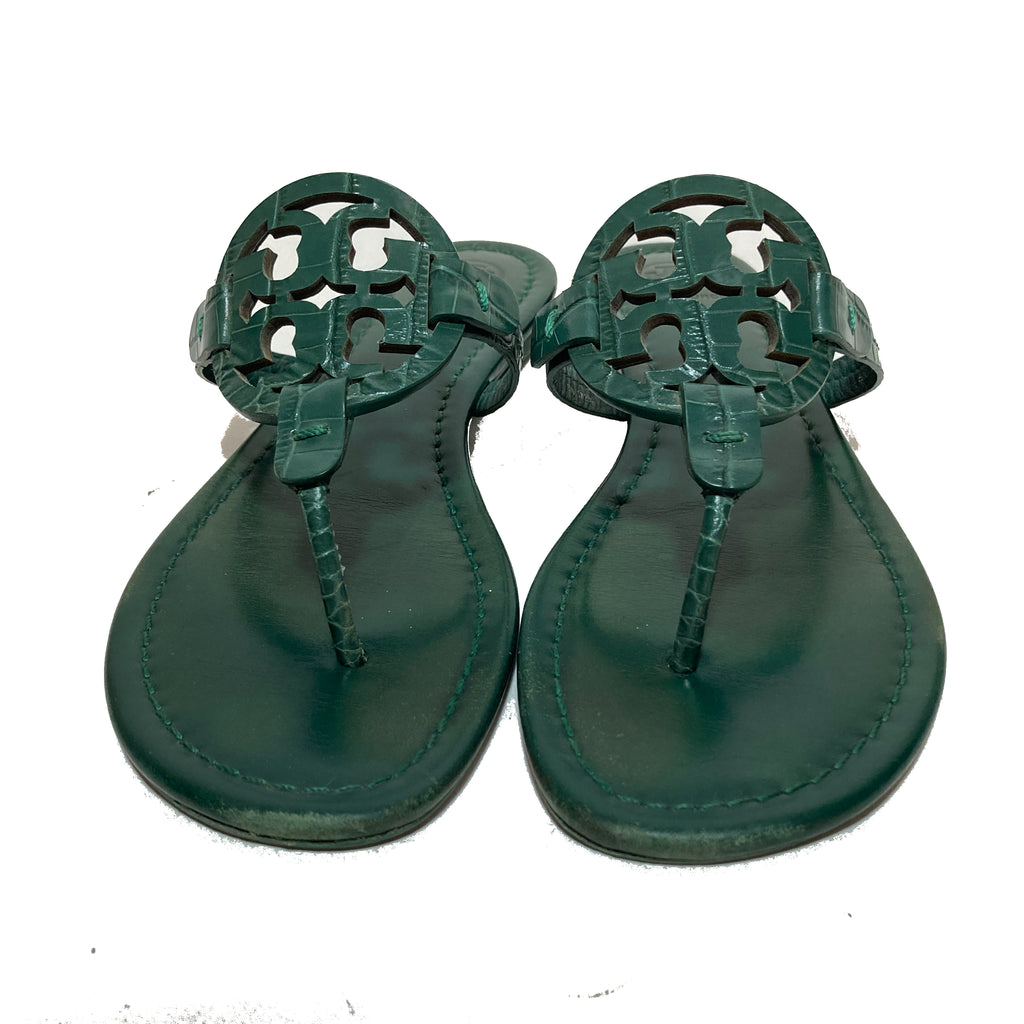 Tory Burch Green Croc Embossed 'Miller' Sandals | Pre Loved |