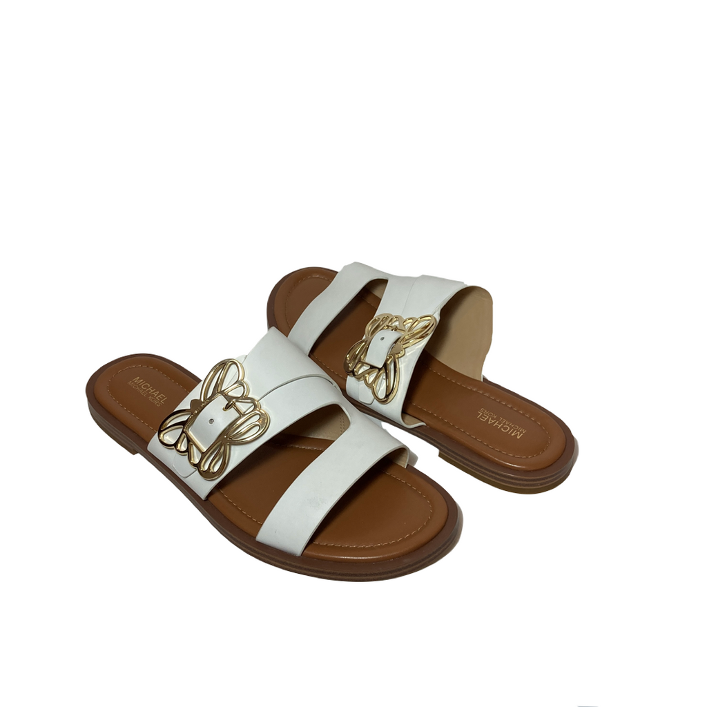 Michael Kors White Leather Butterfly Buckle Slides | Brand New |