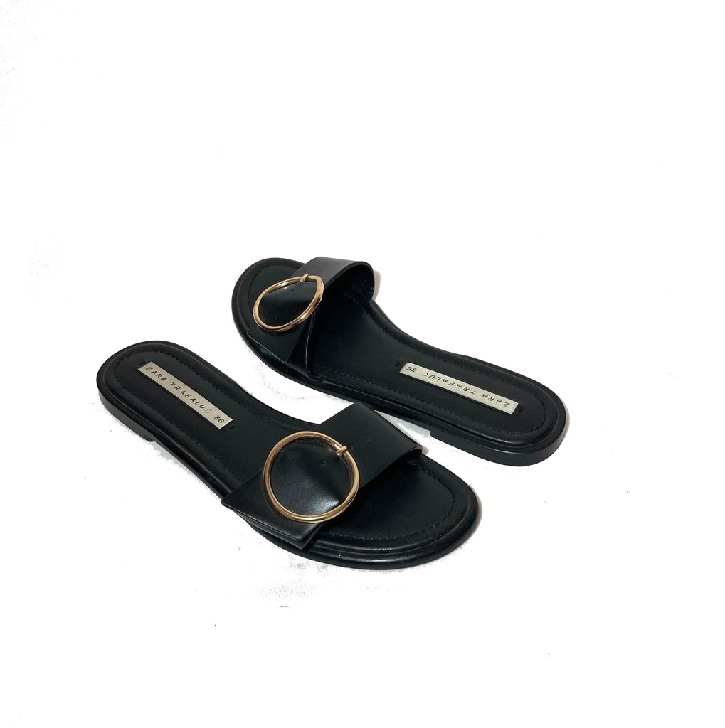 Zara Black with Round Gold Buckle Slides | Pre Loved |