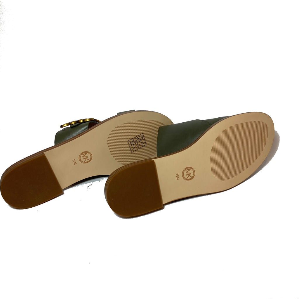 Michael Kors Olive Green Leather Butterfly Buckle Slides | Brand New |