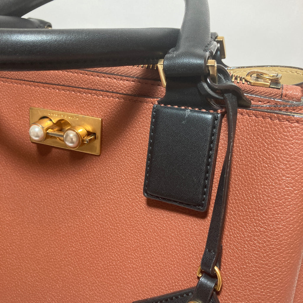 Charles & Keith Tan & Black Leatherette Satchel | Pre Loved |