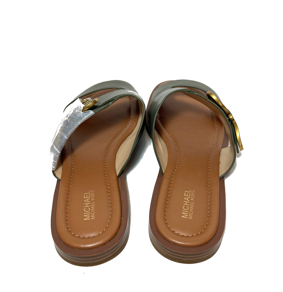Michael Kors Olive Green Leather Butterfly Buckle Slides | Brand New |