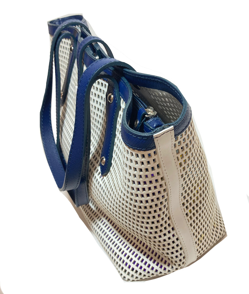 Russel & Bromley White & Navy Leather Laser-Cut Tote | Gently Used |