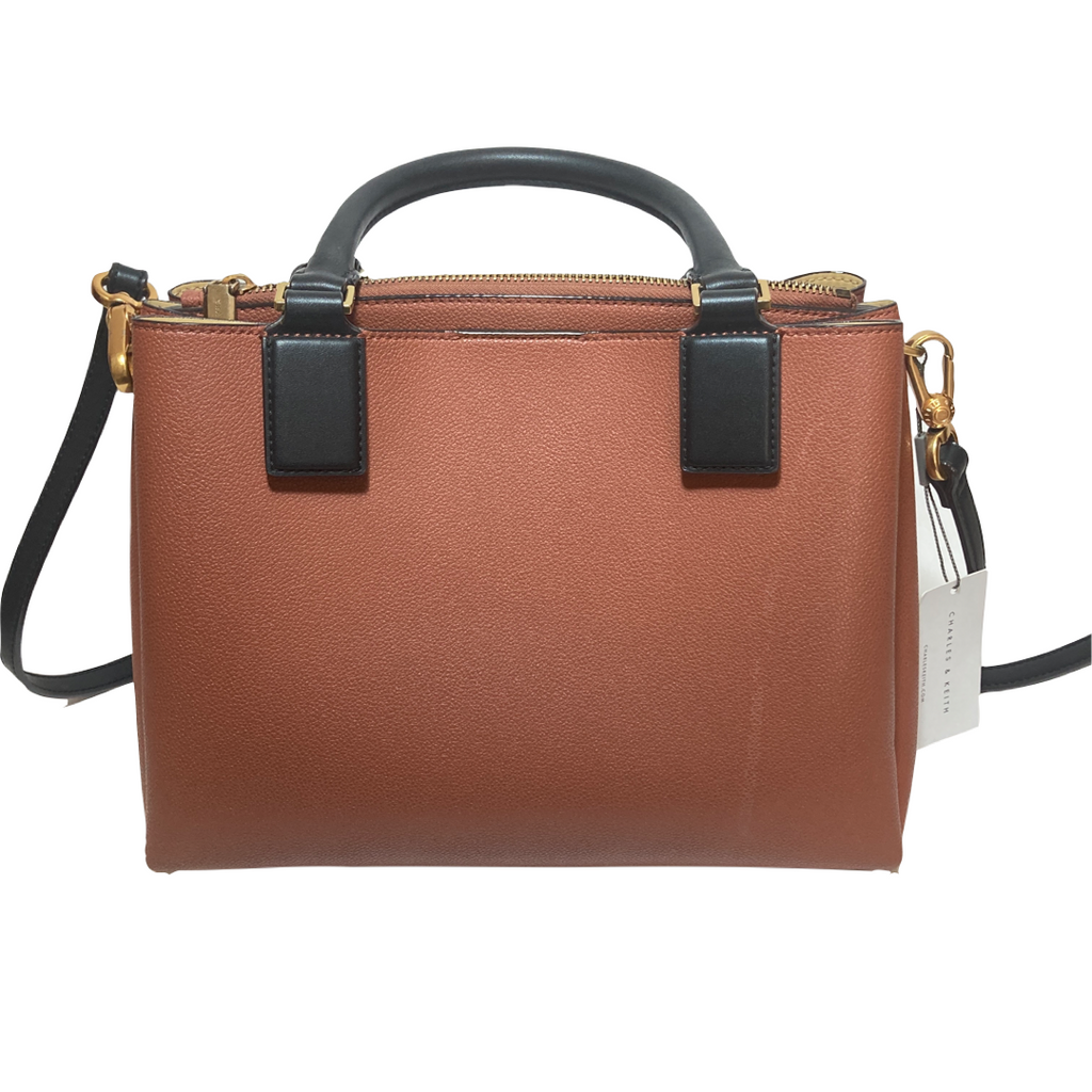 Charles & Keith Tan & Black Leatherette Satchel | Pre Loved |