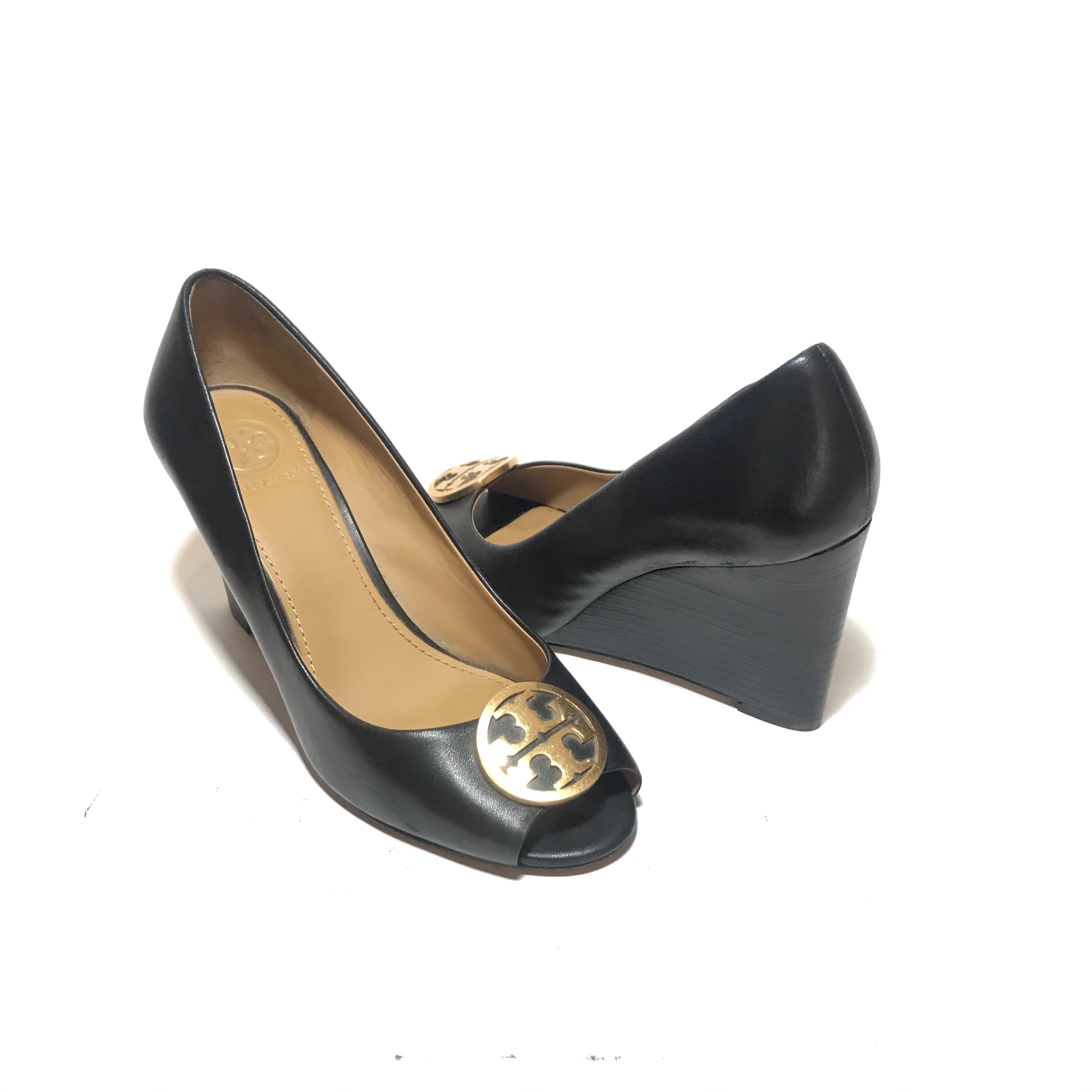 Tory Burch Black Leather Benton Peep toe Wedges Gently Used Secret Stash