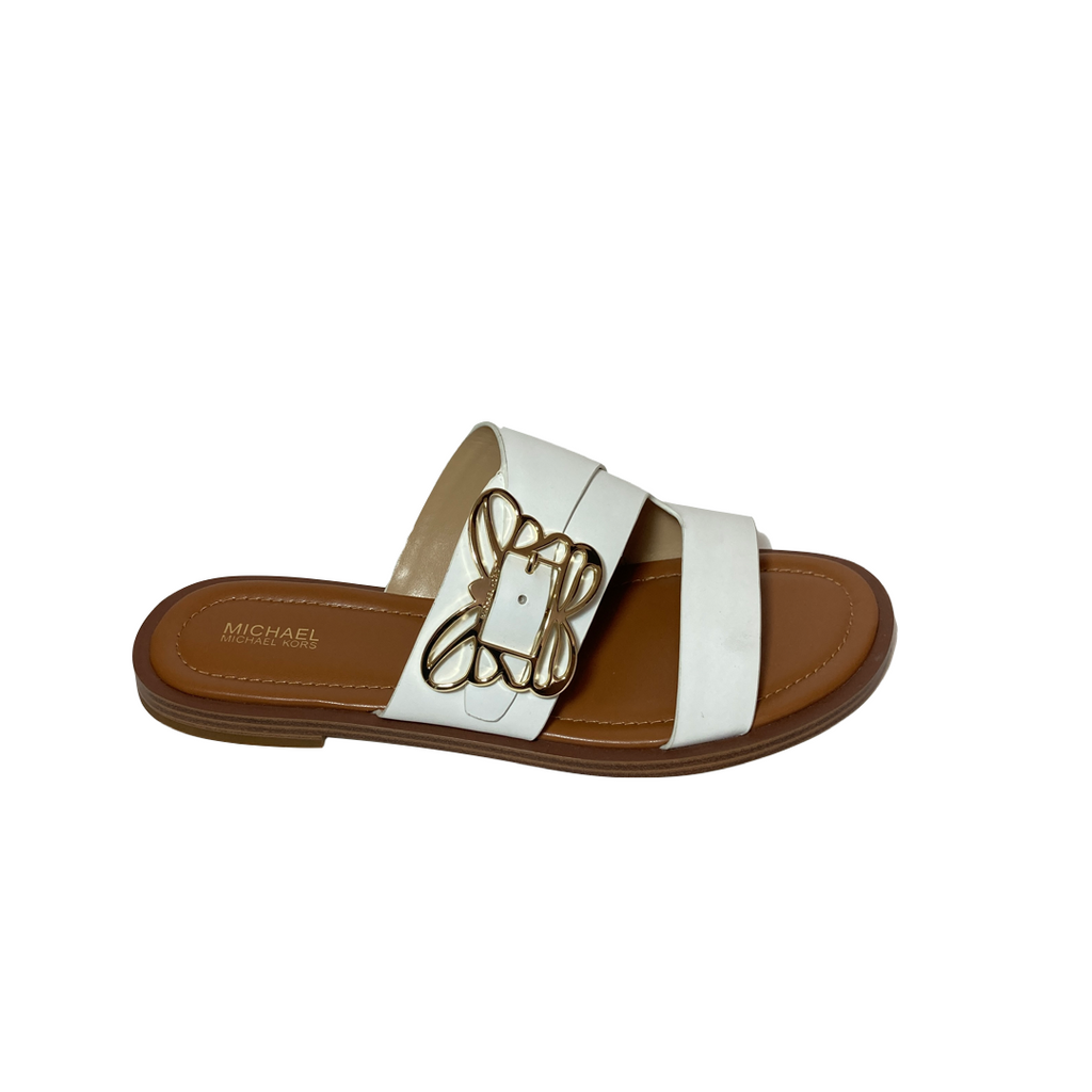 Michael Kors White Leather Butterfly Buckle Slides | Brand New |