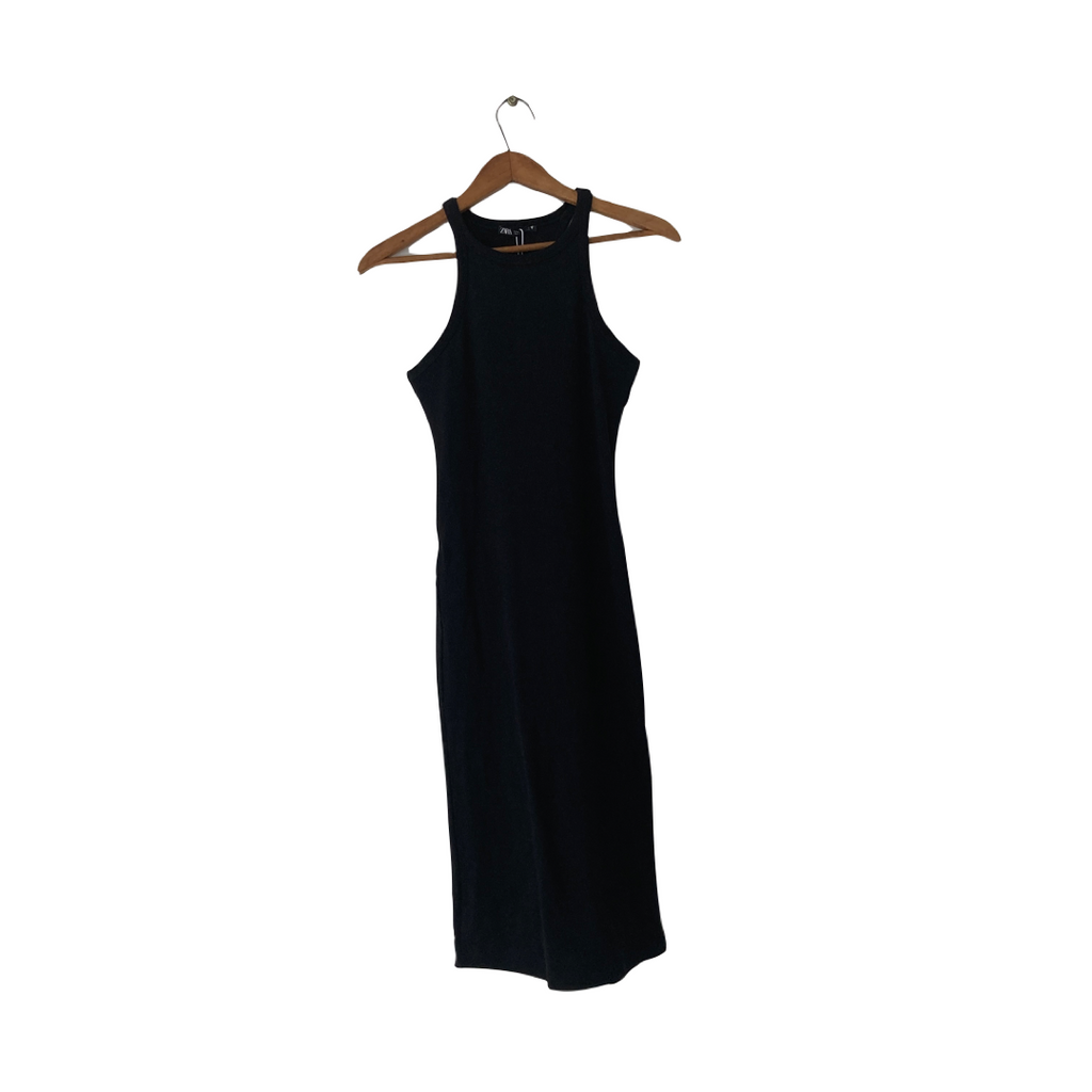 ZARA Black Ribbed Midi Dress | Brand New |