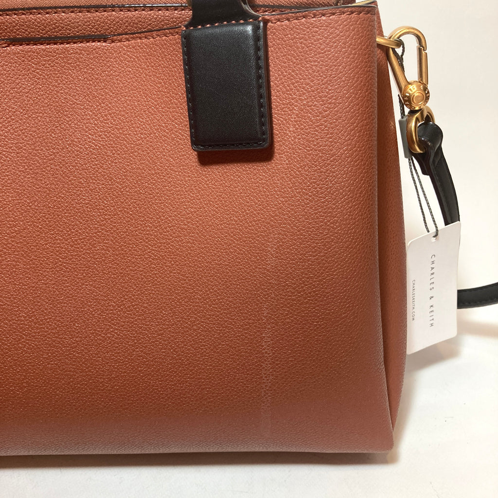 Charles & Keith Tan & Black Leatherette Satchel | Pre Loved |