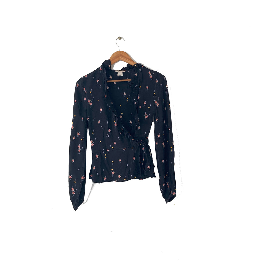 H&M Black Floral Cinched Waist Blouse | Gently Used |