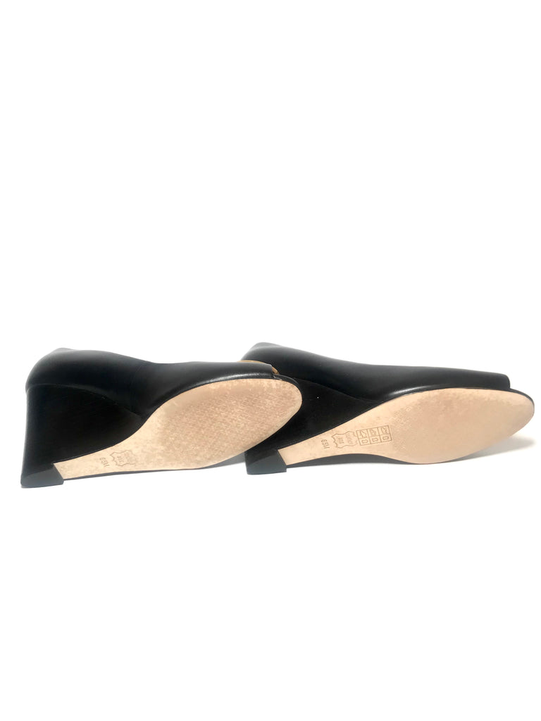 Tory Burch Black Leather ‘Benton’ Peep-toe Wedges | Brand new |