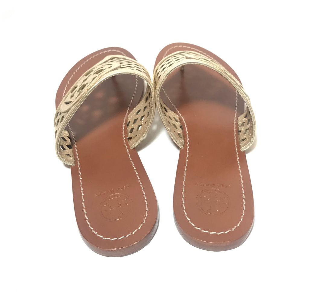 Tory Burch Thatched Perforated Gold Leather Thong Sandals | Like New |