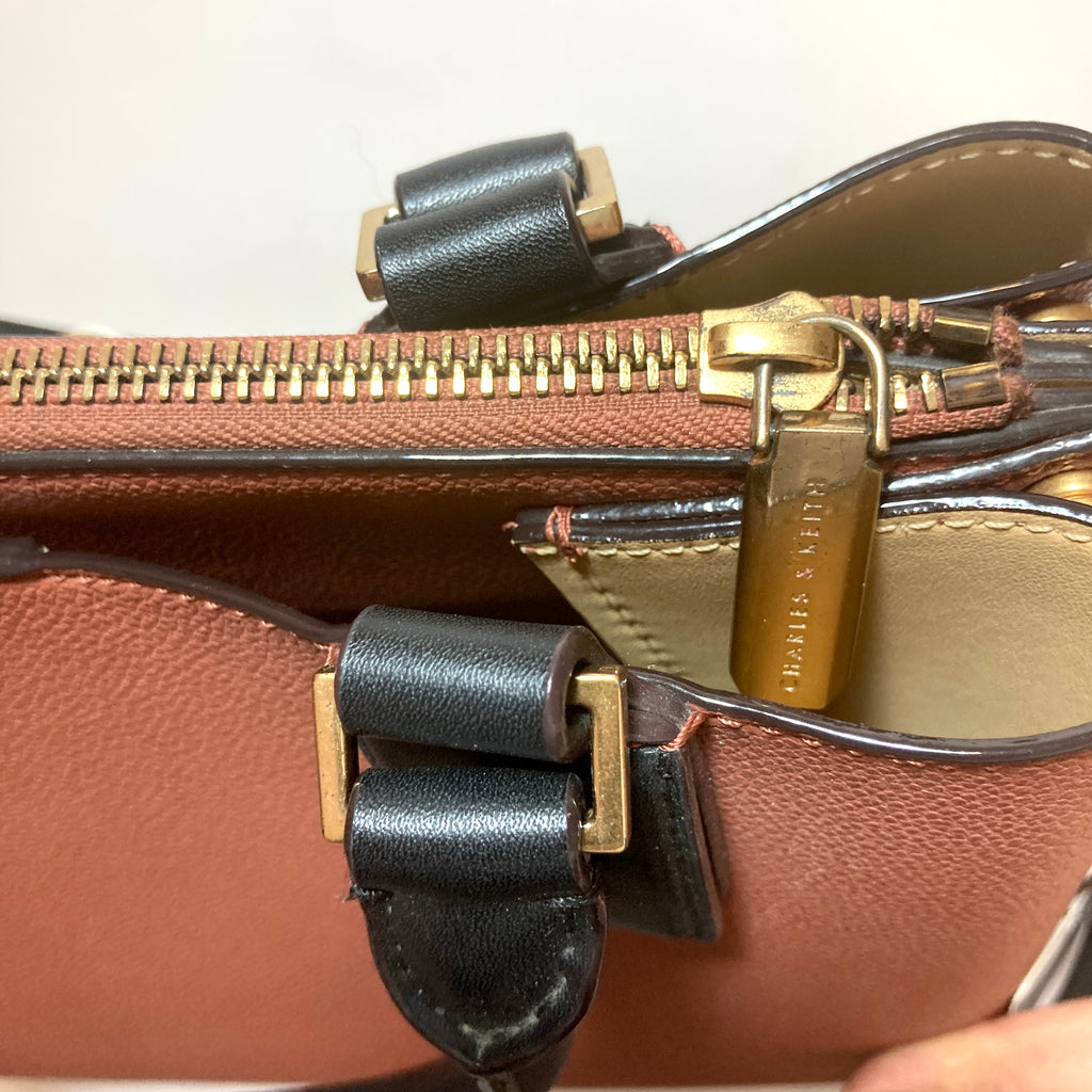Charles & Keith Tan & Black Leatherette Satchel | Pre Loved |