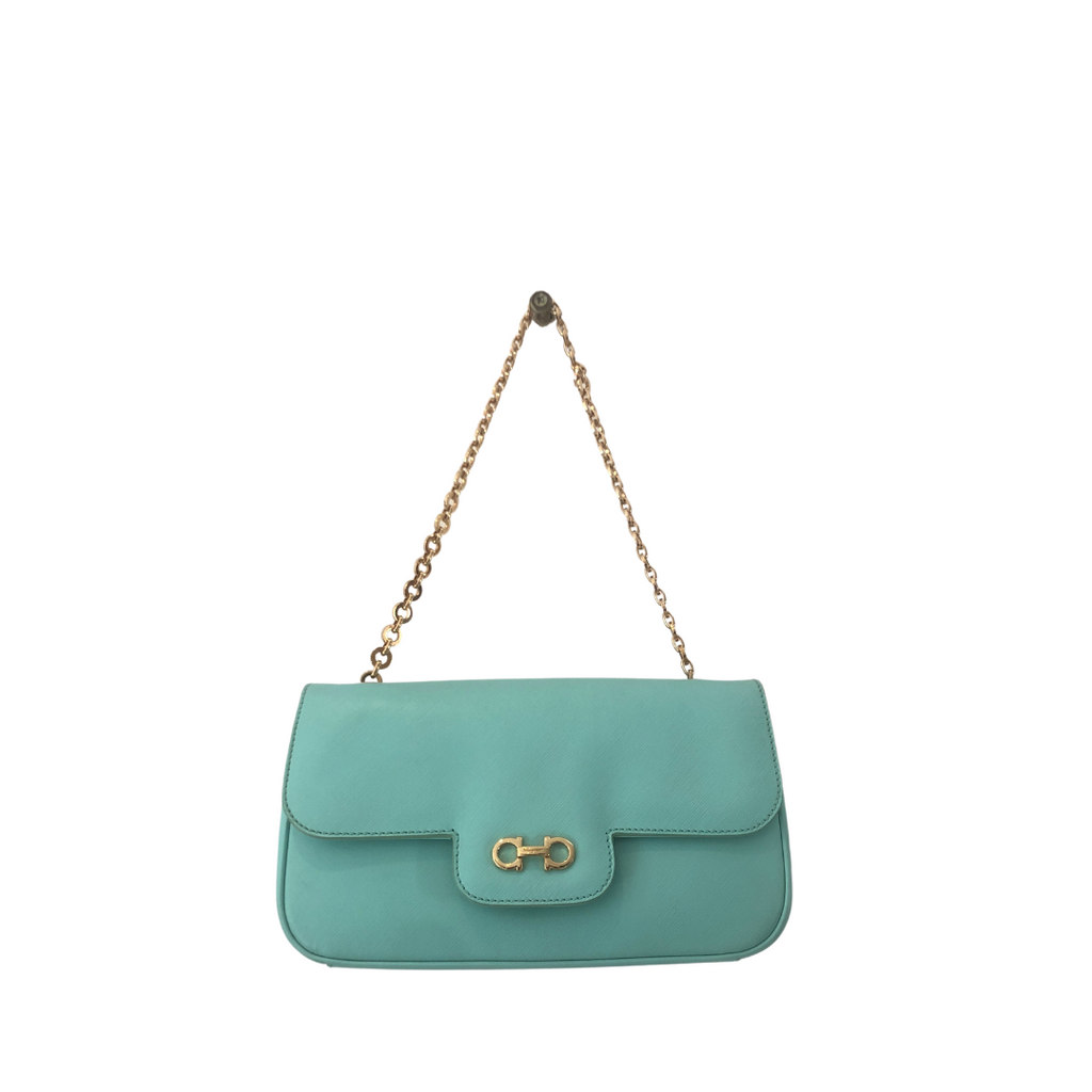 Salvatore Ferragamo Turquoise Leather 'Luciana' Chain Flap Bag | Pre L ...